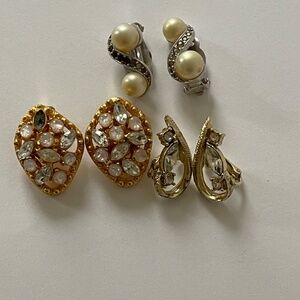 Earrings Vintage Jomaz Berger Coro Signed 3 Pairs Pearls Rhinestones
